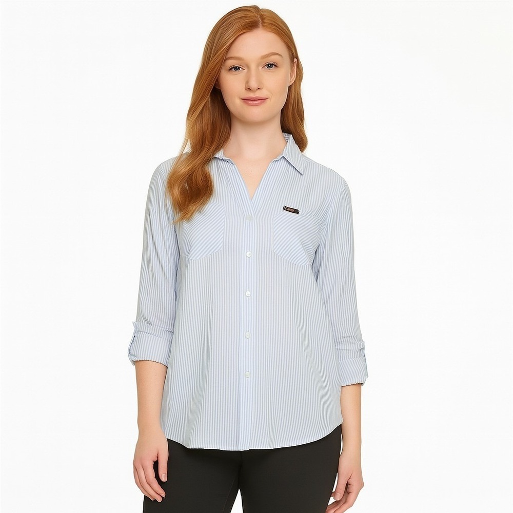 Calvin Klein Jeans Petite Striped Shirt Blue Button Front Size PL Roll Sleeve